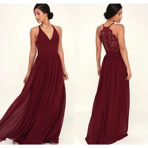 Lulus love spell small burgundy wine chiffon cocktail lace back maxi dress
